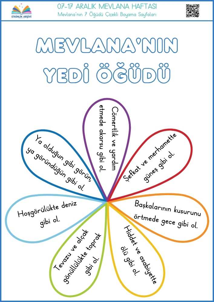 Mevlana’nın 7 Öğüdü Çiçekli Boyama Sayfaları